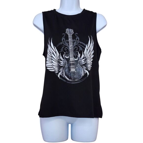 Emery Rose Womens Tank Top Size M Black Guitar Wings Print Slim Fit Stretch - Picture 1 of 9